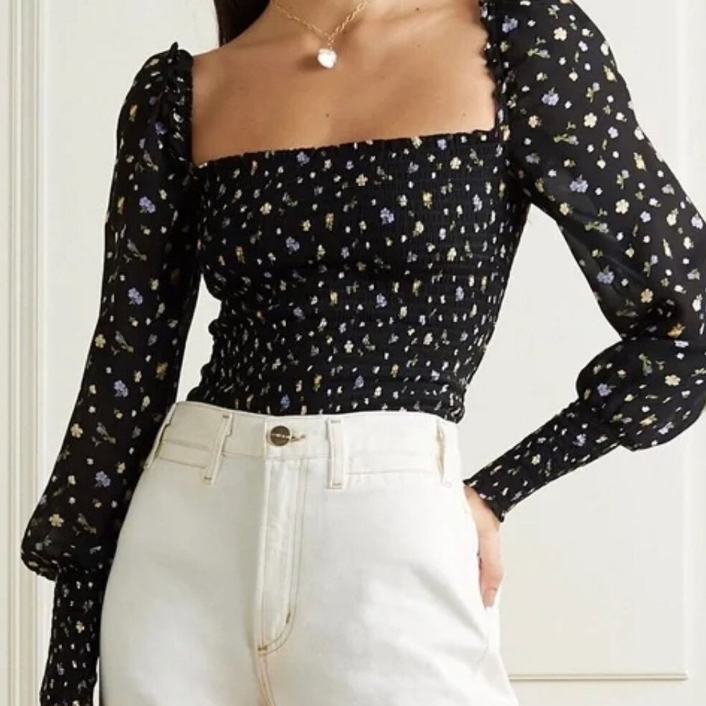 Reformation - Black Floral Smocked Bodice Pinto Top (S)